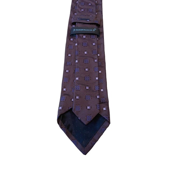 Massimo Bizzocchi NWOT 100% Silk Tie Brown Blue Square‎ Pattern Made In Italy - Picture 4 of 5